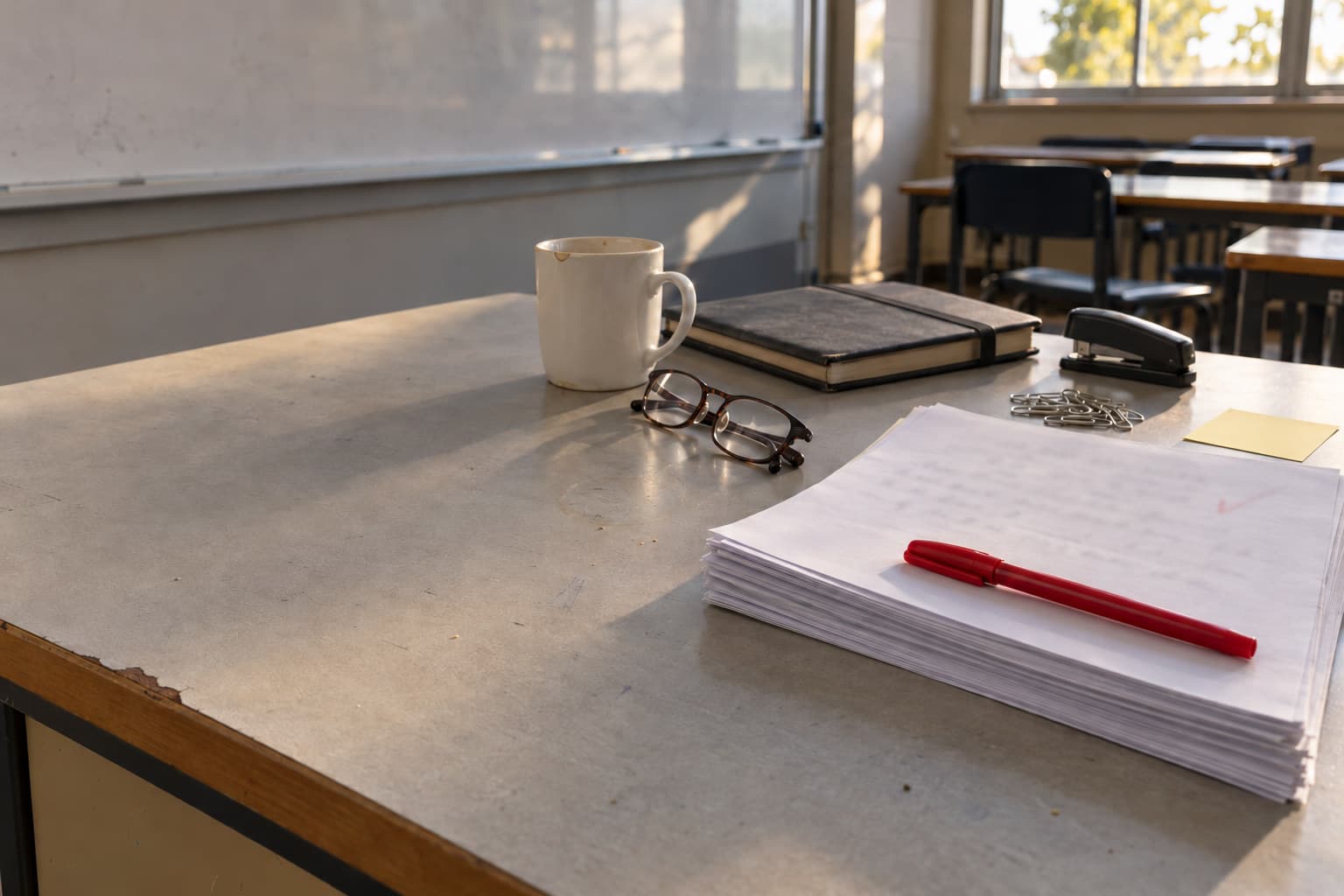 A stack of marked scripts and a red pen on a teacher's desk